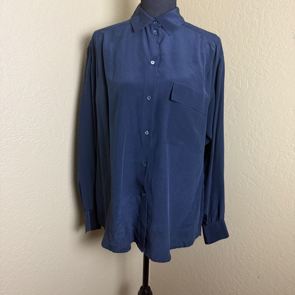 Liz Claiborne 100% Silk Button Down Shirt Womens Size 12 Navy Blue Blouse